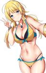  1girl ahoge bikini blonde_hair blue_eyes bracelet breasts cleavage flower hachimiya_meguru hair_flower hair_ornament highres idolmaster idolmaster_shiny_colors jewelry large_breasts long_hair midriff navel necklace noeomi selfie solo striped striped_bikini swimsuit v 