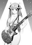  1girl bangs blunt_bangs blush breasts butterfly_hair_ornament closed_mouth collarbone completely_nude convenient_censoring cowboy_shot electric_guitar go-toubun_no_hanayome greyscale guitar hair_censor hair_ornament hair_over_breasts hair_over_one_breast highres instrument kosmos_beta large_breasts long_hair looking_at_viewer monochrome music nakano_nino nude playing_instrument smile solo sparkle spotlight two_side_up 