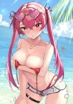  1girl :o bangs bare_shoulders bikini blush breasts cleavage cloud earrings eyewear_on_head hair_ribbon heterochromia highres hololive houshou_marine jewelry large_breasts long_hair looking_at_viewer navel necklace ocean oritonagi red_bikini red_eyes red_hair ribbon short_shorts shorts sky solo swimsuit thigh_strap twintails untied_bra virtual_youtuber water yellow_eyes 