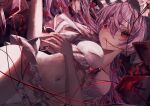  1girl blood blood_on_face bloodpack flower frills hair_between_eyes highres long_hair looking_ahead mouth_hold navel perspective red_eyes red_flower red_rose remilia_scarlet rose solo string string_of_fate toho_sweet touhou underwear 