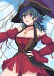  1girl armpits breasts byleth_(fire_emblem) byleth_(fire_emblem)_(female) choker cleavage earrings fire_emblem fire_emblem:_three_houses highres jewelry large_breasts looking_at_viewer nail open_mouth pirate purple_nails scar thighs yudepan_(yuri_no_sugata) 