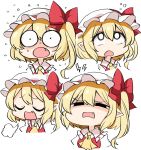 1girl :o ascot bangs blonde_hair bow closed_eyes collared_shirt expressions fang flandre_scarlet flying_sweatdrops flying_teardrops frilled_shirt_collar frills furrowed_brow hair_between_eyes hat hat_bow hat_ribbon highres looking_at_viewer mob_cap multiple_views one_side_up open_mouth pointy_ears puffy_short_sleeves puffy_sleeves red_bow red_ribbon red_vest ribbon shirt short_hair short_sleeves simple_background suwa_yasai touhou v-shaped_eyebrows vest white_background white_headwear white_shirt yellow_ascot 