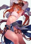  1girl armpits arms_up bandeau bangs bare_shoulders blue_eyes blush breasts commentary detached_sleeves english_commentary genshin_impact grey_background highres horns large_breasts loincloth long_hair long_sleeves midriff navel nilou_(genshin_impact) open_mouth poch4n red_hair simple_background solo standing stomach thighlet thighs veil very_long_hair 