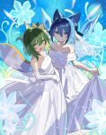  2girls alternate_costume bare_shoulders blue_bow blue_eyes blue_hair bow cirno closed_mouth collarbone daiyousei dress elbow_gloves fairy_wings falken_(yutozin) gloves green_eyes green_hair hair_between_eyes hair_bow highres ice ice_wings looking_at_viewer multiple_girls short_hair smile touhou wedding_dress white_dress white_gloves wings 
