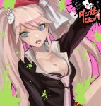  1girl archived_source blonde_hair blue_eyes bow breasts bunny_hair_ornament cleavage cosplay danganronpa:_trigger_happy_havoc danganronpa_(series) enoshima_junko enoshima_junko_(cosplay) eyeshadow freckles hair_bow hair_ornament ikusaba_mukuro lipstick long_hair looking_to_the_side makeup mascara necktie oekaki solo tndkworks twintails 