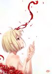  1girl absurdres ahoge blonde_hair bob_cut breasts falling_petals flower from_side hair_ribbon hands_up highres kounohikari0104 looking_up lycoris_recoil medium_breasts nishikigi_chisato nude one_side_up parted_lips petals profile red_eyes red_flower red_ribbon ribbon short_hair shoulder_blush signature simple_background spider_lily white_background 