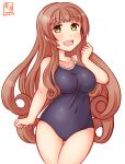  1girl alternate_costume artist_logo bangs blue_one-piece_swimsuit blunt_bangs breasts brown_hair collarbone commentary_request competition_school_swimsuit covered_navel cowboy_shot dated eyebrows_hidden_by_hair green_eyes helena_(kancolle) kanon_(kurogane_knights) kantai_collection large_breasts long_hair looking_at_viewer one-hour_drawing_challenge school_swimsuit simple_background solo swimsuit thigh_gap white_background 