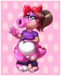  2021 3_toes ambiguous_gender birdo brown_hair bulge clothing digital_media_(artwork) eyewear feet glasses glistening glistening_body hair hi_res human human_to_anthro looking_up mammal mario_bros nintendo open_mouth pink_body purple_clothing purple_shirt purple_topwear redflare500 shirt simple_background smile solo species_transformation standing toes topwear transformation video_games 