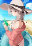  1girl auui bangs beach bikini black_hair blue_sky braid breasts closed_mouth cloud day ear_piercing from_side grey_hair hair_ornament halterneck hat hat_ribbon highres holding holding_water_gun hololive innertube jacket looking_at_viewer looking_to_the_side medium_breasts multicolored_hair open_clothes open_jacket outdoors piercing pink_jacket red_eyes ribbon sakamata_chloe sky solo streaked_hair string_bikini sun_hat swimsuit virtual_youtuber water water_gun white_bikini x_hair_ornament 