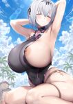  1girl absurdres alicia_renato_(yashiro_sousaku) armpits arms_behind_head arms_up bangs bare_arms blush breasts closed_mouth commentary_request commission covered_navel haoni heterochromia highres huge_breasts looking_at_viewer nipple_slip nipples one-piece_swimsuit original outdoors palm_tree red_eyes sideboob sky smile swimsuit thighlet tree yellow_eyes 