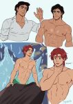  2boys abs absurdres ariel_(disney) arm_support artist_name black_hair blue_eyes closed_mouth disney english_text eric_(disney) genderswap genderswap_(ftm) highres large_pectorals male_focus mermaid monster_boy monster_girl multiple_boys muscular muscular_male nipples open_mouth pectorals red_hair shirt short_hair smile suyohara the_little_mermaid water waves wet white_shirt 