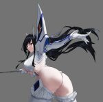  1girl absurdres ass black_hair blue_eyes closed_mouth dynamic_pose eggisalive frilled_thighhighs frills gloves grey_background highres holding holding_sword holding_weapon katana kill_la_kill kiryuuin_satsuki long_hair looking_at_viewer looking_back senketsu simple_background solo sword thighhighs weapon white_gloves white_thighhighs 
