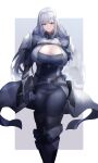  1girl absurdres armor baketsu blue_eyes breast_tattoo breasts cleavage_cutout clothing_cutout ethel_(xenoblade) grey_hair highres huge_breasts pauldrons shoulder_armor simple_background solo tattoo white_background xenoblade_chronicles_(series) xenoblade_chronicles_3 