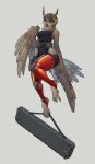  absurd_res anthro avian beak bird bird_feet breasts butt clothed clothing digital_media_(artwork) feathers female hi_res hybrid latex looking_at_viewer owl shanher solo tail_feathers wide_hips wings 