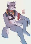  anthro canid canine collar fur grey_body grey_fur harness hemuchang hi_res male mammal mostly_nude multicolored_body multicolored_fur navel scar smile smiling_at_viewer solo tuft two_tone_body two_tone_fur watermark 