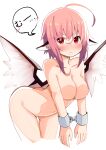  1girl ahoge angry animal_ears arched_back bangs bird_ears bird_wings blush bound bound_wrists breasts closed_mouth cowboy_shot cuffs feathered_wings frown hair_between_eyes handcuffs looking_at_viewer mystia_lorelei no_headwear no_nipples nude pink_hair red_eyes rurisakura short_hair sidelocks simple_background solo spoken_blush touhou v-shaped_eyebrows white_background white_wings wings 