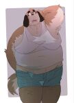  2022 absurd_res anthro belly big_belly black_nose brown_body canid canine canis clothing domestic_dog dumdum eyewear glasses hi_res kemono male mammal moobs overweight overweight_male shirt simple_background solo topwear underwear 