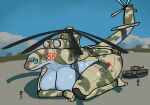  anthro big_breasts blue_eyes blush bodily_fluids breasts covered_nipples female grey_breasts hi_res im51nn5 living_helicopter mi-26 sky solo sweat tank vehicle 