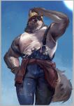  anthro armor armpit_hair big_muscles body_hair bottomwear canid canine canis clothing denim denim_clothing engineer fluffy fluffy_tail fur gloves grey_body grey_fur handwear hard_hat headgear helmet hi_res jacket_belt jeans looking_down_at_viewer looming male mammal muscular muscular_male nipple_outline overalls pants screwdriver shirt smoking solo tank_top technician tools topwear white_clothing white_shirt white_tank_top white_topwear wolf wrench wuqianlong576 