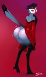  anthro bathrobe big_butt blue_body blue_feathers butt clothed clothing feathers girokett helluva_boss hi_res huge_butt male no_underwear owl_demon red_clothing red_eyes robe seductive solo solo_focus stolas_(helluva_boss) 