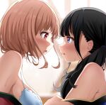  2girls after_kiss backlighting bangs bare_shoulders black_hair blue_bra blunt_bangs blush bra breasts brown_hair eye_contact from_side highres inoue_takina large_breasts long_hair looking_at_another low_twintails lycoris_recoil multiple_girls nishikigi_chisato poa_mellhen profile purple_eyes red_eyes saliva saliva_trail short_hair sideboob twintails underwear upper_body yuri 