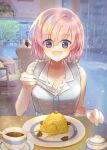  1girl absurdres blush breasts eyes_visible_through_hair fate/grand_order fate_(series) food hair_over_one_eye highres izumi_mogu mash_kyrielight mont_blanc_(food) open_mouth purple_eyes purple_hair short_hair smile solo 