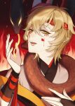  1boy androgynous bishounen blonde_hair blood blood_on_face facial_mark hannya hannya_(onmyoji) japanese_clothes long_sleeves looking_at_viewer male_focus mask onmyoji otoko_no_ko pale_skin red_eyes ru_(famia) short_hair smile snake solo yellow_eyes 