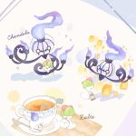  blue_fire chandelure character_name closed_eyes commentary_request cup fire flame highres holding holding_lantern lantern litwick mofucoffee no_humans pokemon pokemon_(creature) ralts saucer sparkle sugar_cube teabag teacup yellow_eyes 