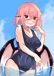  1girl ahoge animal_ears bare_arms bare_legs bare_shoulders bird_ears bird_wings black_one-piece_swimsuit blush breasts cleavage collarbone cowboy_shot hair_between_eyes highres large_breasts mystia_lorelei one-piece_swimsuit open_mouth pink_hair red_eyes rurisakura short_hair solo swimsuit touhou water white_wings wings 
