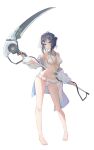  1girl absurdres arknights bikini black_hair feather_hair full_body goggles goggles_around_neck hair_intakes highres holding holding_scythe holding_weapon id_card la_pluma_(arknights) la_pluma_(summer_flowers)_(arknights) lanyard mr_yue_jian official_alternate_costume scythe short_hair standing swimsuit weapon whistle white_background white_bikini wing_hair_ornament 