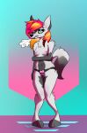  absurd_res anthro breasts canid canine canis clothed clothing eyeliner female female_focus green_eyes hair hi_res makeup mammal muffinlicious multicolored_hair nipples pattern_clothing pink_nipples solo standing striped_clothing stripes topless underwear wolf 