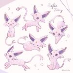  :d bright_pupils closed_eyes commentary_request espeon forked_tail highres mofucoffee multiple_views no_humans open_mouth pokemon pokemon_(creature) purple_eyes smile tail twitter_username white_pupils 