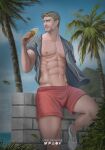  1boy abs artist_name bara bare_pectorals blonde_hair cloud commission day facial_hair food grey_shirt highres holding holding_food ice_cream ice_cream_cone large_pectorals male_focus muscular muscular_male navel nipples open_clothes open_shirt outdoors pectorals red_shorts reiner_braun shingeki_no_kyojin shirt short_hair shorts sky smile solo teeth thighs urielbeaupre15 