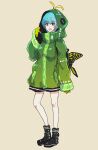  1girl alternate_costume antennae aqua_hair backpack bag black_footwear boots brown_background brown_eyes eternity_larva fairy full_body gloves green_jacket hair_between_eyes highres hood hooded_jacket jack_(wkm74959) jacket long_sleeves one-hour_drawing_challenge open_mouth short_hair simple_background smile solo touhou yellow_gloves 