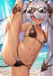  1girl beach bikini black_bikini black_gloves blue_archive blush breasts cameltoe choker dark-skinned_female dark_skin day demon_girl demon_tail duplicate eyewear_on_head gloves grey_hair hair_over_one_eye hair_ribbon heart heart-shaped_eyewear horizon iori_(blue_archive) iori_(swimsuit)_(blue_archive) kibanda_gohan leg_up long_hair looking_at_viewer navel ocean official_alternate_costume outdoors pixel-perfect_duplicate pointy_ears red_eyes ribbon side-tie_bikini small_breasts solo split standing standing_on_one_leg standing_split string_bikini sunglasses swimsuit tail twintails very_long_hair water wet 