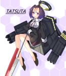  1girl black_dress black_footwear black_gloves blush breasts buttons character_name collared_shirt dress full_body glaive gloves kantai_collection large_breasts machinery mechanical_halo open_mouth purple_eyes purple_hair rigging rurisakura shirt shoes short_hair smile solo tatsuta_(kancolle) torpedo white_shirt 
