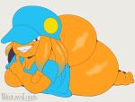  absurd_res alien big_butt black_eyes bottomless butt clothed clothing hat headgear headwear hi_res huge_butt humanoid lumi_(hevymin) lying male on_front orange_body puwa shirt smile solo topwear wit_1 