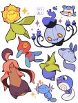  :&gt; artist_name black_eyes chandelure closed_eyes closed_mouth commentary english_commentary fire gourgeist highres holding holding_knife knife mantyke oddish one_eye_closed pokemon pokemon_(creature) poliwag porygon2 purple_fire simple_background smile sparkle spheal sunflora tiki_(tikivt) white_background wooper yellow_eyes 