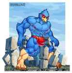  anthro avian bird blue_body building bulge car city clothed clothing destruction falco_lombardi growth hi_res macro male muscular muscular_male nintendo solo speedo star_fox surprise swimwear topless vehicle video_games wolfmalro 