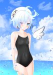  1girl amemiya_nazuna angel_wings arms_behind_back black_one-piece_swimsuit blue_eyes blue_sky breasts cloud commentary_request competition_school_swimsuit covered_navel day earrings hair_ornament halo heterochromia highres horizon jewelry key looking_at_viewer ocean outdoors pink_eyes school_swimsuit short_hair single_wing sky small_breasts solo surgate_matias swimsuit virtual_youtuber vshojo water_drop white_hair white_headwear wings x_hair_ornament 