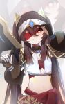  1girl absurdres alternate_costume blindfold blindfold_lift brown_hair flat_chest flower-shaped_pupils genshin_impact hair_between_eyes hair_ornament hairband halterneck highres holding holding_weapon hu_tao_(genshin_impact) long_hair looking_at_viewer midriff navel qixia red_eyes smile solo symbol-shaped_pupils twintails weapon zoom_layer 