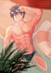  1boy abs absurdres arm_up artist_name bangs beach blue_eyes blurry blush brown_hair bulge commentary_request cowboy_shot depth_of_field eyewear_lift eyewear_on_head fate/grand_order fate_(series) from_above fujimaru_ritsuka_(male) green_male_swimwear grin hair_between_eyes highres innertube katophi looking_at_viewer lying male_focus male_swimwear mixed-language_commentary navel nipples on_back on_ground one_eye_closed outdoors palm_leaf partially_submerged pectorals smile solo spiked_hair spread_legs sunglasses swim_briefs toned toned_male water web_address wet wristband 