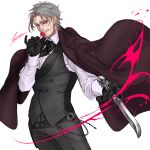  1boy belt black_bow black_bowtie black_pants black_vest blood blue_eyes bow bowtie brown_cape candy cape facial_hair food glint grey_hair holding holding_knife knife lollipop male_focus mature_male meisai mustache old old_man original pants pink_blood simple_background slashing solo standing vest white_background 