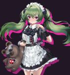  1girl absurdres apron bingliovo blush closed_mouth corin_wickes green_hair highres long_hair looking_at_viewer maid maid_apron maid_headdress purple_eyes short_sleeves smile solo stuffed_animal stuffed_toy teddy_bear twintails zenless_zone_zero 