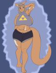 abs absurd_res anthro athletic big_breasts bottomwear breasts clothing demon female hi_res horn huge_breasts kangaroo macropod mammal marsupial monarchyvore muscular muscular_female red_eyes scars_all_over shorts solo torn_bottomwear torn_clothing torn_shorts triforce wide_hips 