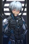  1boy armor cable commission cyborg grey_hair grin hand_on_hip highres looking_at_viewer original red_eyes science_fiction skeb_commission smile solo sunao_(70_the) 