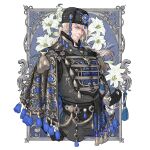  1boy artist_name beard black_gloves black_headwear blue_eyes facial_hair floral_print gloves hat_ornament long_hair meisai military military_uniform old old_man original sheath sheathed solo tassel uniform white_hair 