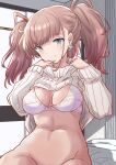  1girl alternate_costume atlanta_(kancolle) bra breasts brown_hair clothes_lift commentary_request earrings fuji_(pixiv24804665) grey_eyes highres jewelry kantai_collection large_breasts long_hair no_panties out-of-frame_censoring ribbed_sweater solo star_(symbol) star_earrings sweater sweater_lift two_side_up underwear white_bra white_sweater window 