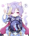  :o ? animal_ear_fluff animal_ears bead_necklace beads cat_ears cat_tail coin_hair_ornament dress genshin_impact hair_ornament hat hat_removed headwear_removed highres jewelry jiangshi necklace ofuda paw_print purple_dress purple_eyes purple_hair purple_headwear qing_guanmao qiqi_(genshin_impact) sasakuea short_hair solo tail talisman vision_(genshin_impact) 