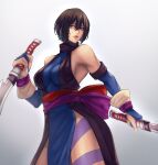  1girl bangs bare_shoulders black_hair blue_eyes blue_gloves breasts cleavage closed_mouth dual_wielding elbow_gloves gloves heterochromia highres holding holding_sword holding_weapon japanese_clothes ktovhinao lips ninja partially_fingerless_gloves red_eyes samurai_spirits shiki_(samurai_spirits) short_hair short_sword sleeveless sword tantou tattoo weapon white_background 